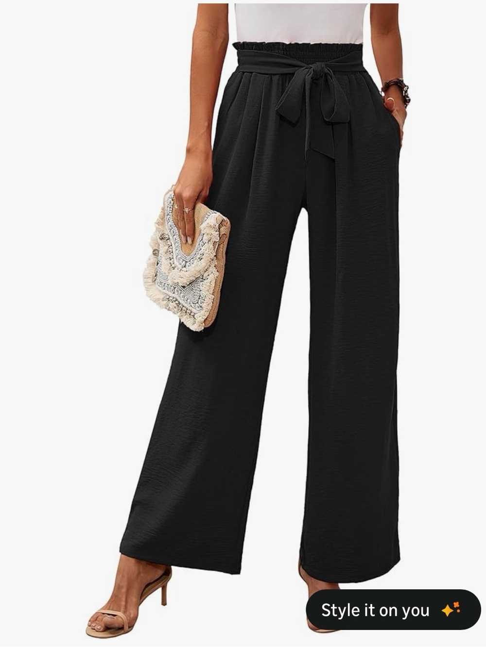 Black Wide-Leg Gathered High Tie-Waist Pants NWT Large